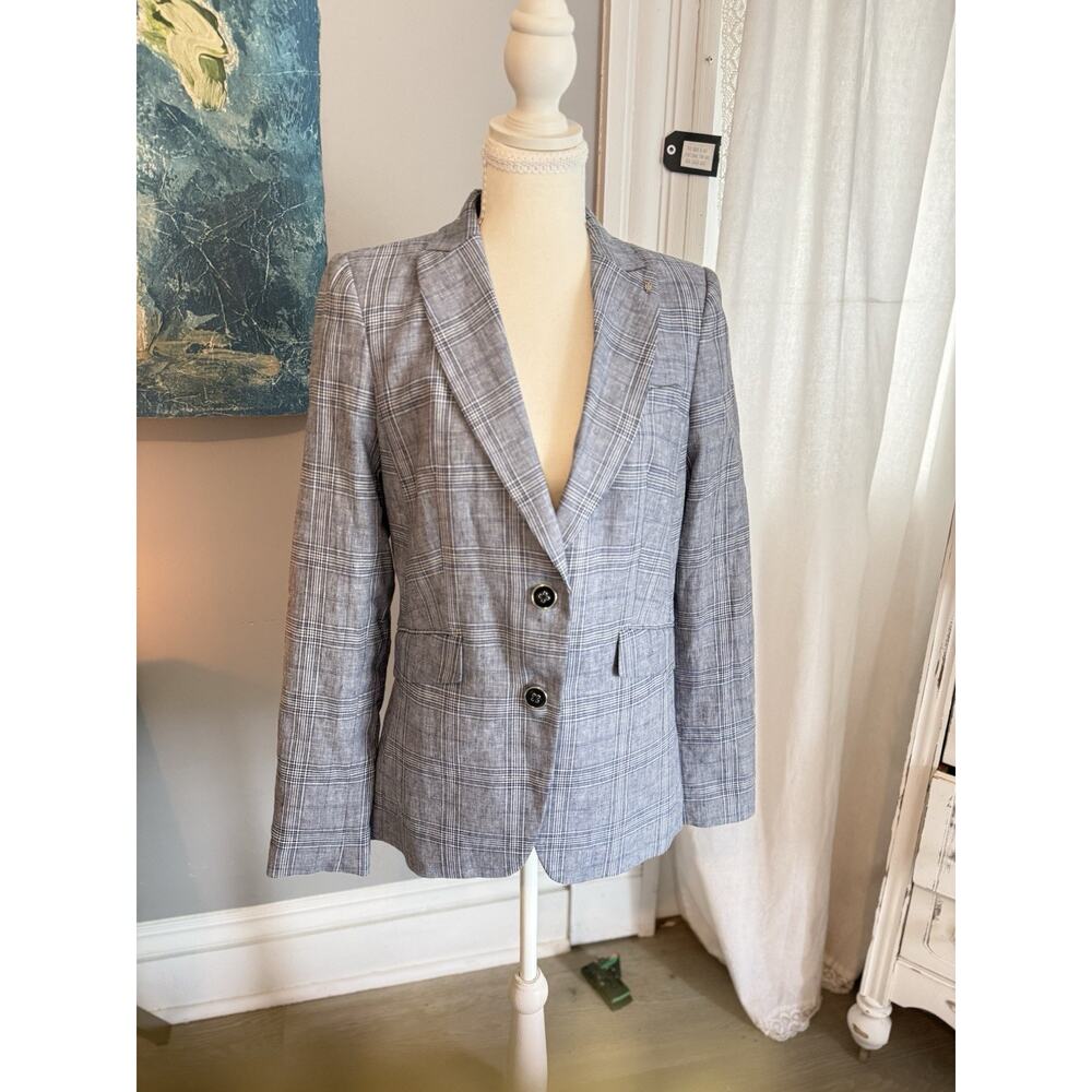 Tommy Hilfiger Plaid Blazer Womens Navy Elbow Patch Tailored Jacket Size 6